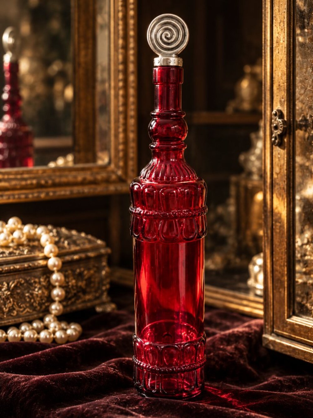 Vintage Ruby Red Ornate Glass Decanter With Spiral Silver Stopper